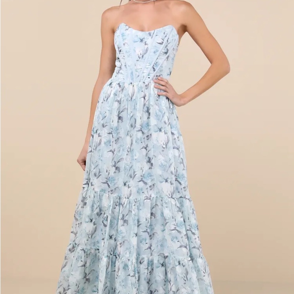 Lulu's Light Blue Floral Strapless Dress